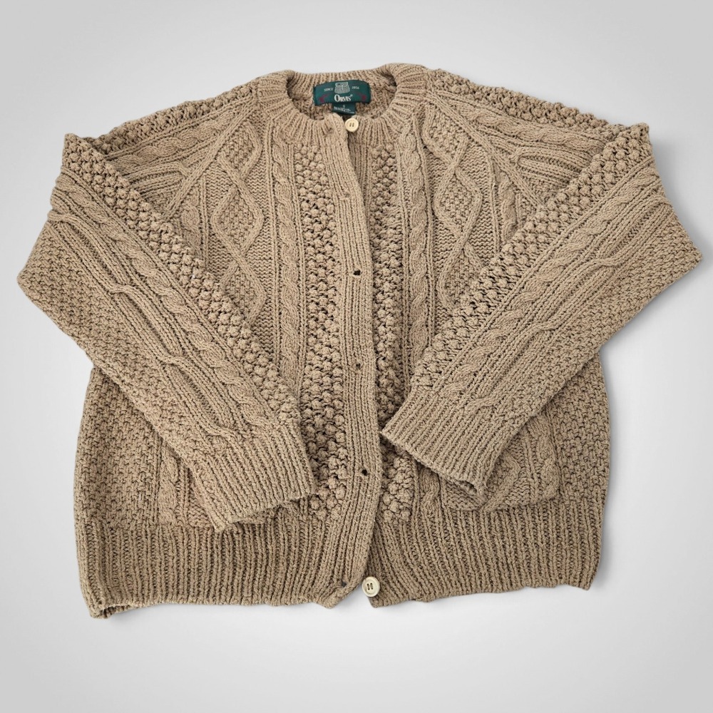 Orvis Silk Cotton Cable Knit Cardigan Sweater Tan Popcorn Textured Womens Small
